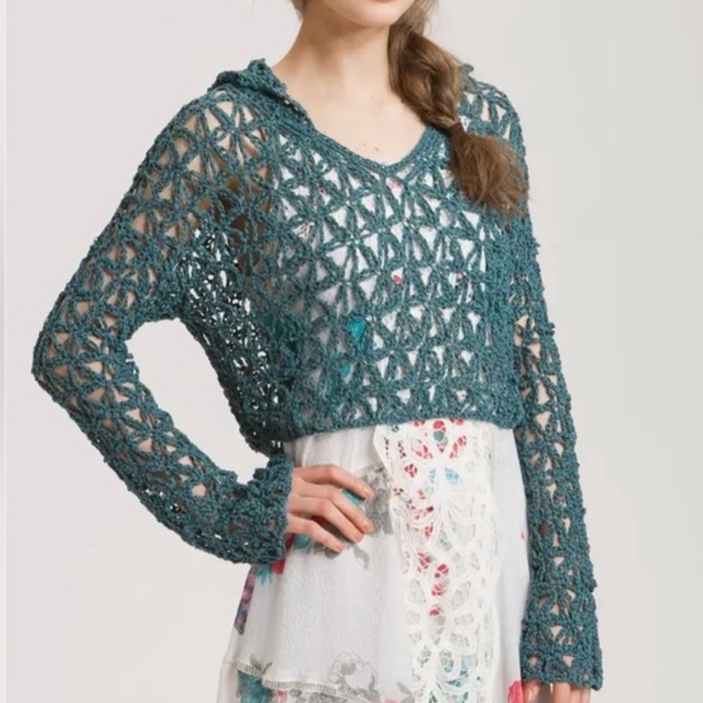 Free People Teal Open-Knit Sweater